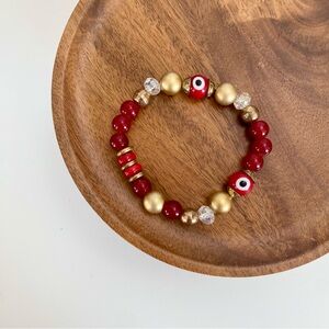 4/$15 Evil’s Eye Red Glass Gold Beaded Stretch Bracelet